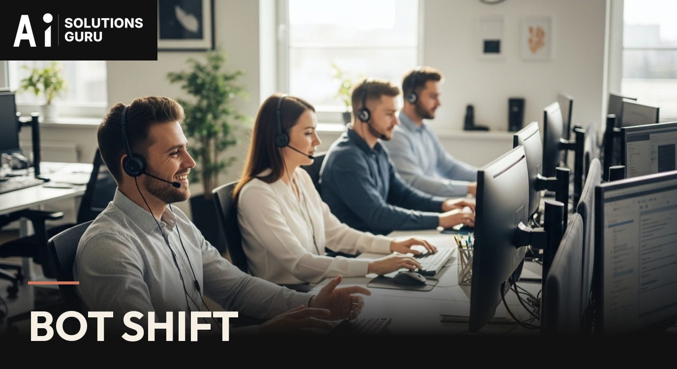A customer service team wearing headsets at their desks