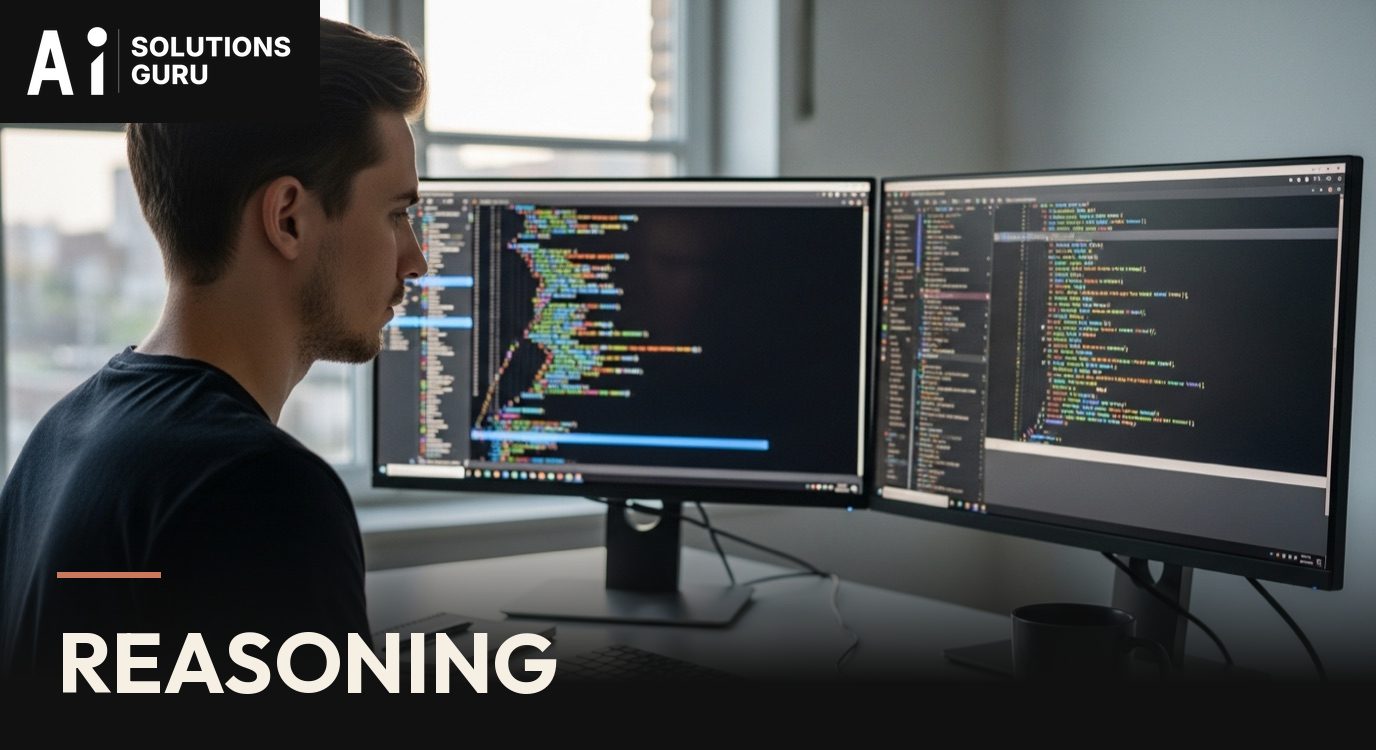 A developer reading code on two monitors in the evening