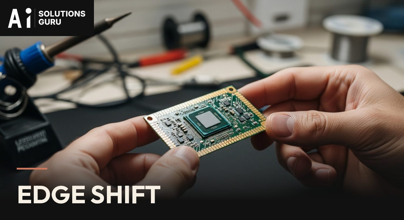 An engineer holding a small processor board at a workbench